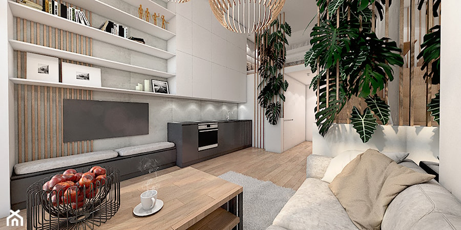 Projekt konkursowy MINIMAXY - Średni biały szary salon z kuchnią, styl nowoczesny - zdjęcie od BoRysuje_Małgorzata