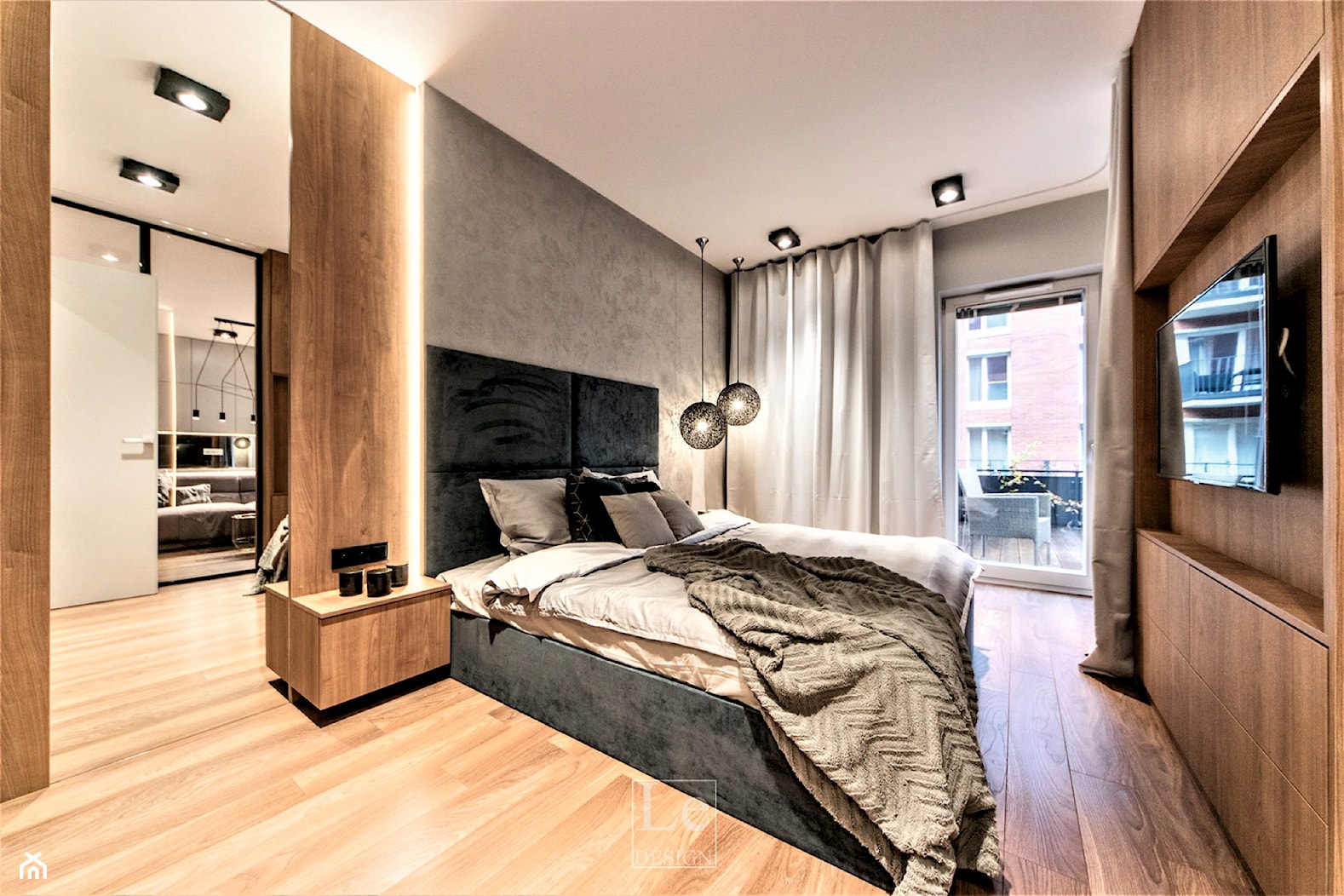 Projekt mieszkanie w Gdańsku - Stare Miasto - sypialnia tynk beton szary i drewno - zdjęcie od Le-DESIGN - Homebook