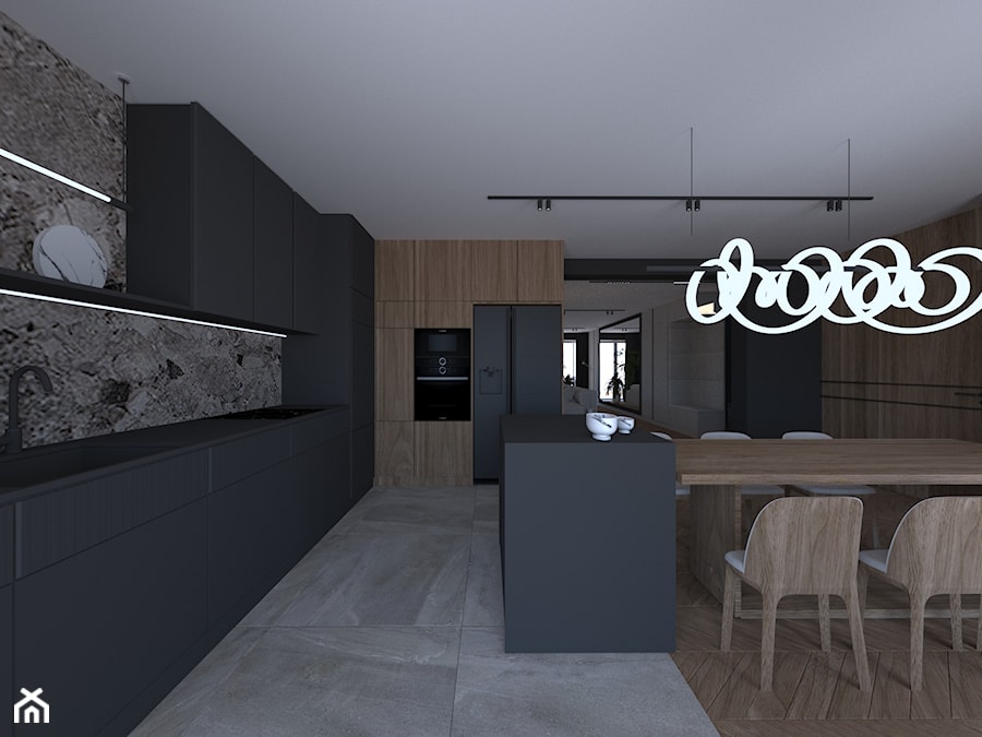 Projekt mieszkanie Gdynia Centrum -kolorystyka mocny akcent drewna i czerni - zdjęcie od Le-DESIGN