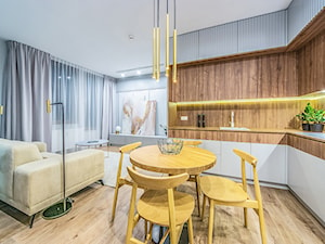 Projekt mieszkanie w Gdańsku - styl nowoczesny - salon szary z złotymi dodatkami - zdjęcie od Le-DESIGN