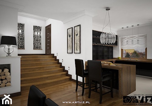 Dom. Salon z otwartą czarną kuchnią - zdjęcie od ARTVIZ Pracownia Projektowa WROCŁAW