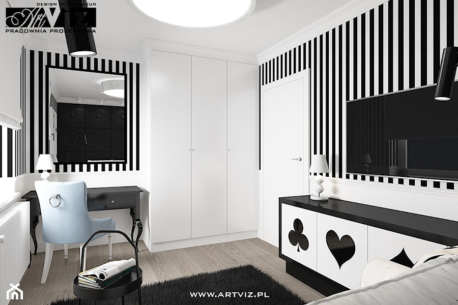 Elegancki, czarno-biały pokój dla nastolatki. - zdjęcie od ARTVIZ Pracownia Projektowa WROCŁAW