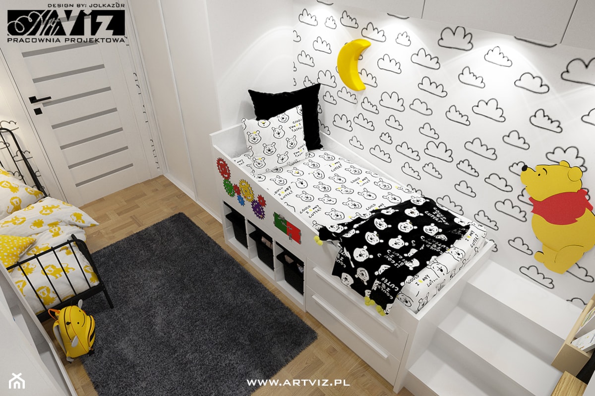 Pokój dla rodzeństwa. Czarna ściana+białe chmurki - zdjęcie od ARTVIZ Pracownia Projektowa WROCŁAW - Homebook