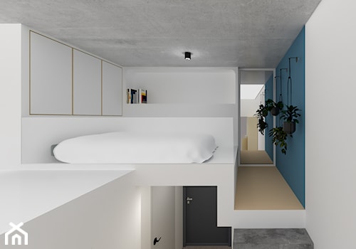 Mikro mieszkanie we Wrocławiu / 25m2+antresola - Średnia biała niebieska sypialnia na poddaszu, styl minimalistyczny - zdjęcie od Martyna Sprengel