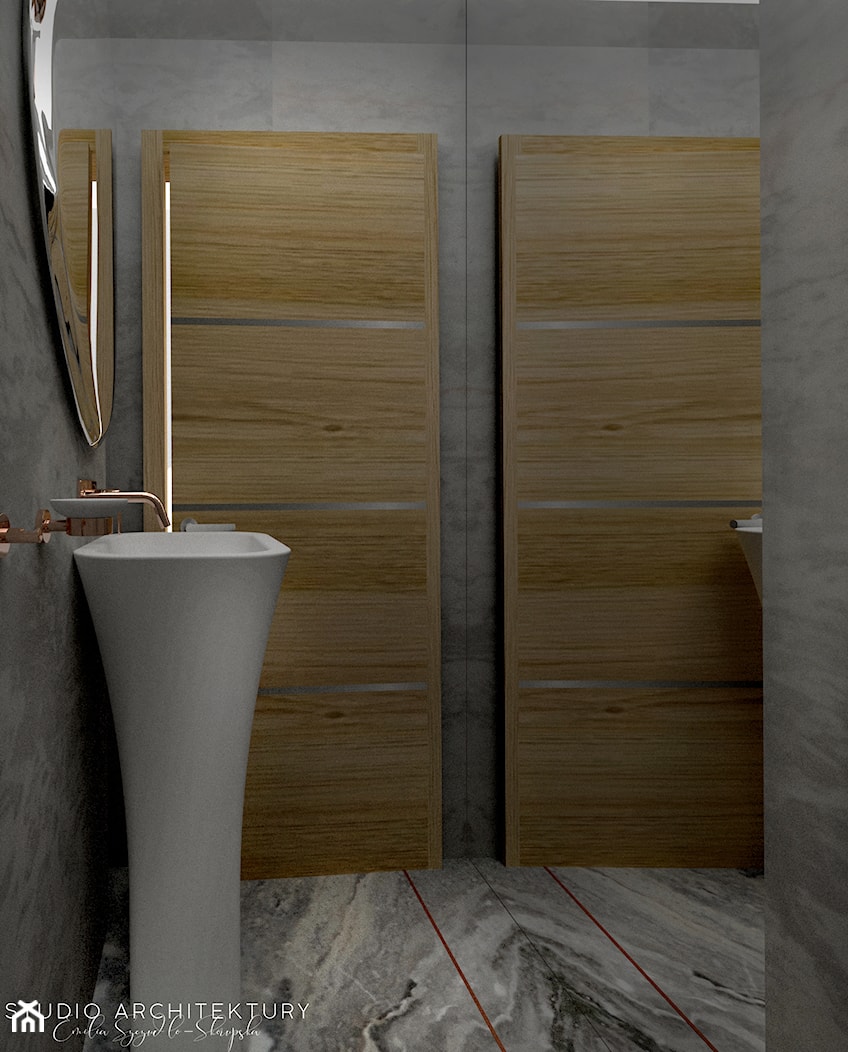 PRAGA - Mała bez okna z lustrem z marmurową podłogą łazienka, styl glamour - zdjęcie od E.Space Studio - Homebook