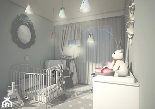 POZNAŃ - Mały szary pokój dziecka dla niemowlaka dla chłopca dla dziewczynki, styl nowoczesny - zdjęcie od E.Space Studio