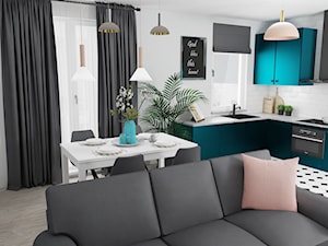 Mieszkanie Fusion - Średnia otwarta z salonem z kamiennym blatem biała z zabudowaną lodówką z lodówką wolnostojącą z nablatowym zlewozmywakiem kuchnia w kształcie litery l z oknem, styl nowoczesny - zdjęcie od WENA Pracownia Wnetrz