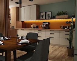 Salon z kuchnią (wersja pierwsza) - Średnia otwarta z salonem pomarańczowa zielona z zabudowaną lodó ... - zdjęcie od IZZY PROJEKT - Homebook