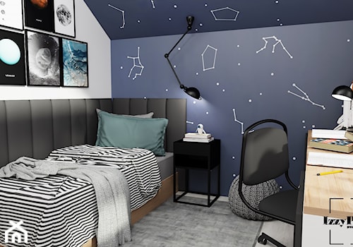Kosmiczny pokój nastolatka - Mały biały czarny pokój dziecka dla dziecka dla nastolatka dla chłopca dla dziewczynki, styl nowoczesny - zdjęcie od IZZY PROJEKT
