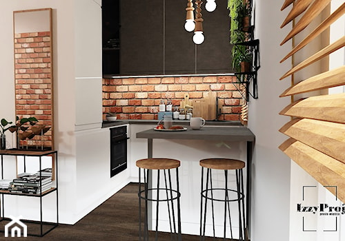 Kuchnia - Mała otwarta z kamiennym blatem biała z zabudowaną lodówką kuchnia w kształcie litery l z oknem, styl industrialny - zdjęcie od IZZY PROJEKT