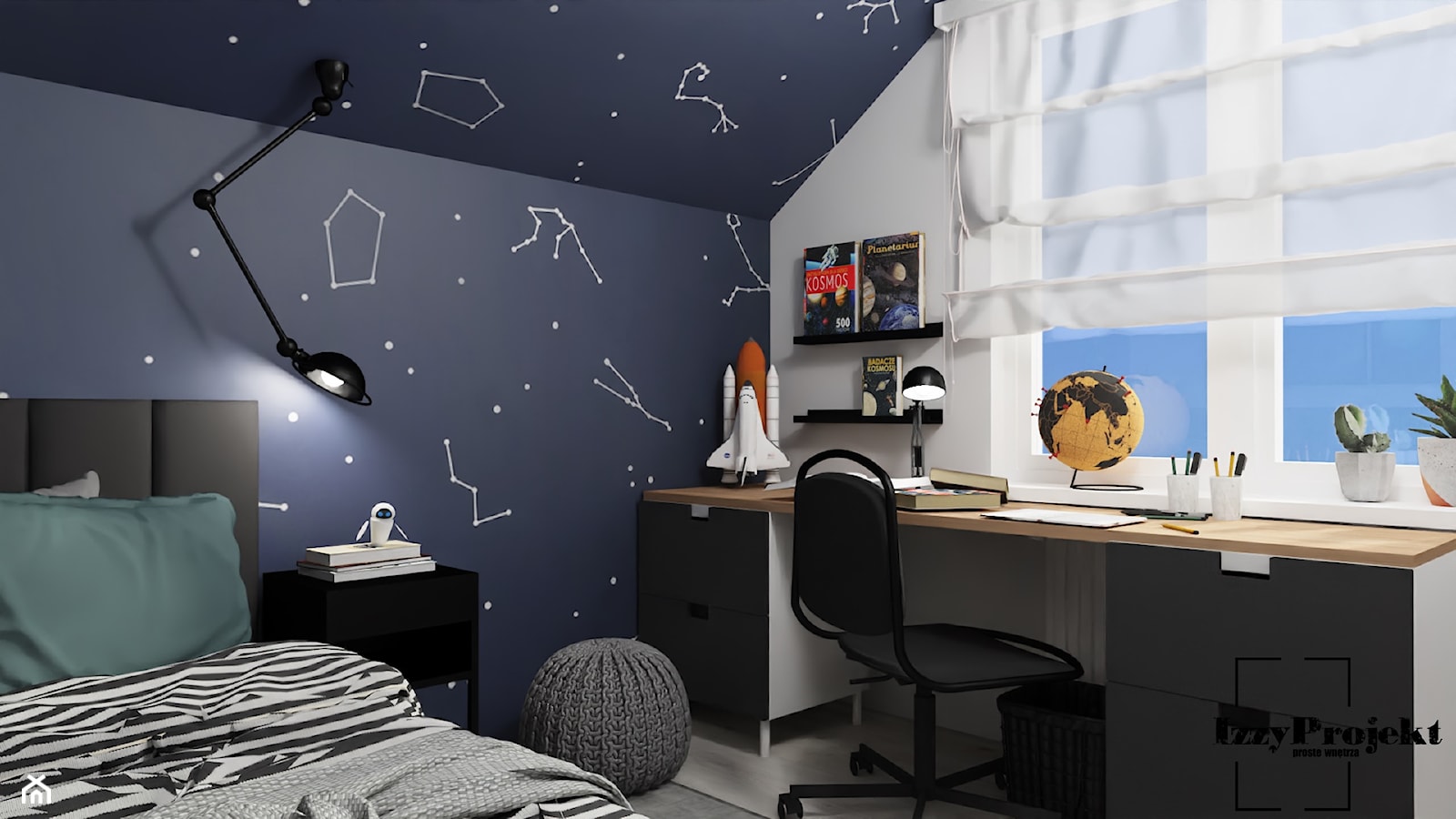 Kosmiczny pokój nastolatka - Mały biały czarny pokój dziecka dla nastolatka dla chłopca dla dziewczynki, styl nowoczesny - zdjęcie od IZZY PROJEKT - Homebook