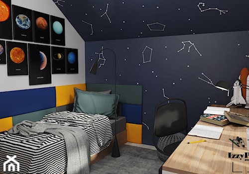 Kosmiczny pokój nastolatka - Mały czarny szary pokój dziecka dla nastolatka dla chłopca, styl nowoczesny - zdjęcie od IZZY PROJEKT