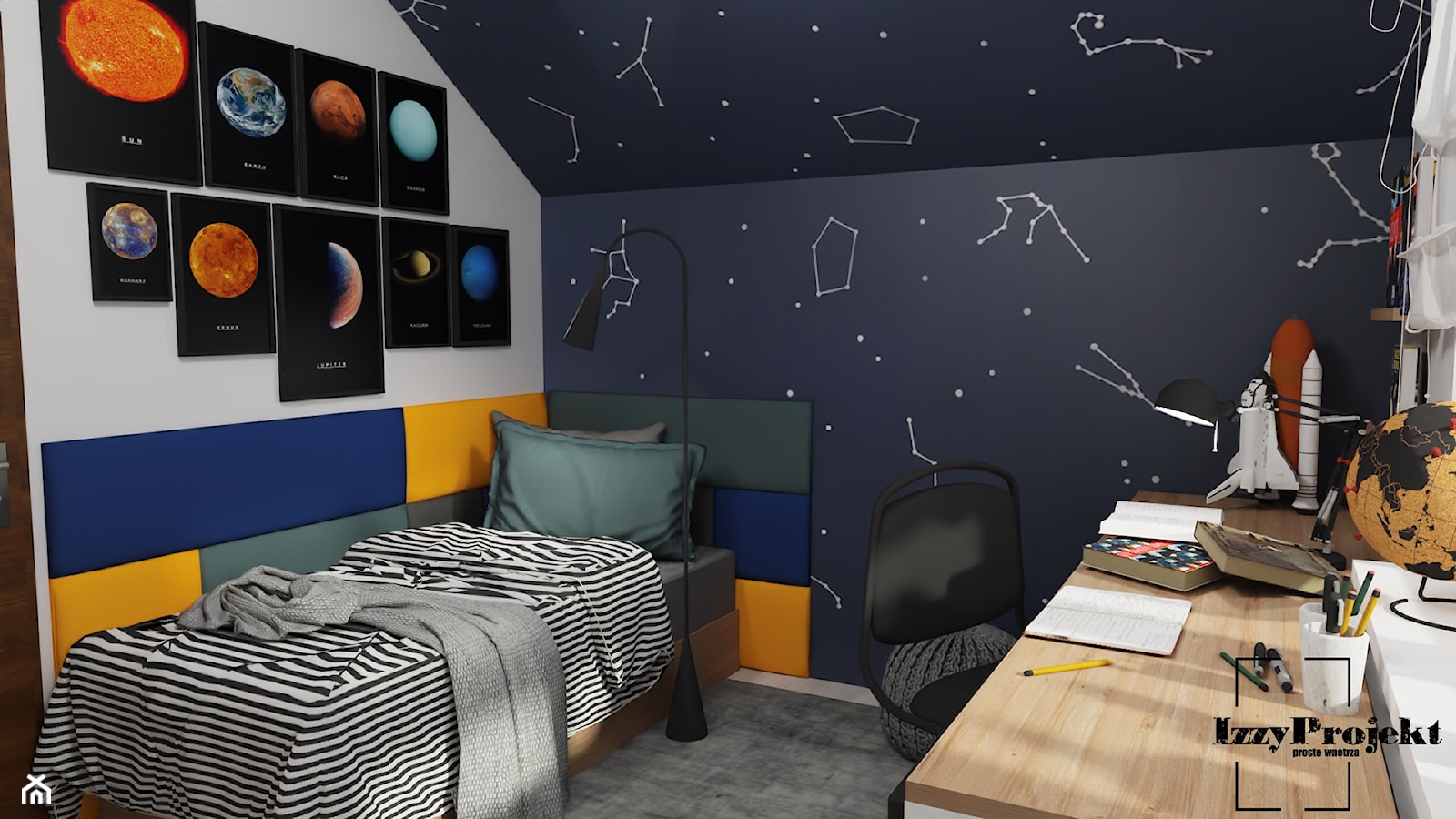 Kosmiczny pokój nastolatka - Mały czarny szary pokój dziecka dla nastolatka dla chłopca, styl nowoczesny - zdjęcie od IZZY PROJEKT - Homebook