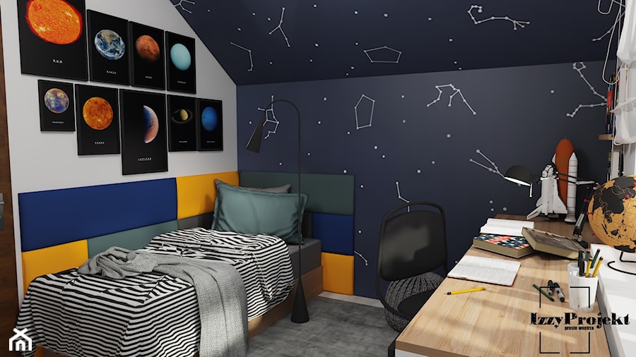 Kosmiczny pokój nastolatka - Mały czarny szary pokój dziecka dla nastolatka dla chłopca, styl nowoczesny - zdjęcie od IZZY PROJEKT