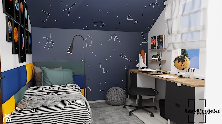 Kosmiczny pokój nastolatka - Mały biały czarny pokój dziecka dla dziecka dla nastolatka dla chłopca dla dziewczynki, styl nowoczesny - zdjęcie od IZZY PROJEKT