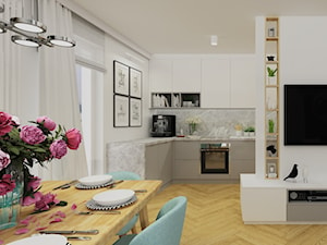 SŁONECZNE MIESZKANIE - Średnia otwarta z salonem biała szara z zabudowaną lodówką kuchnia w kształcie litery l, styl nowoczesny - zdjęcie od ARCHITEKTURA I WNĘTRZA