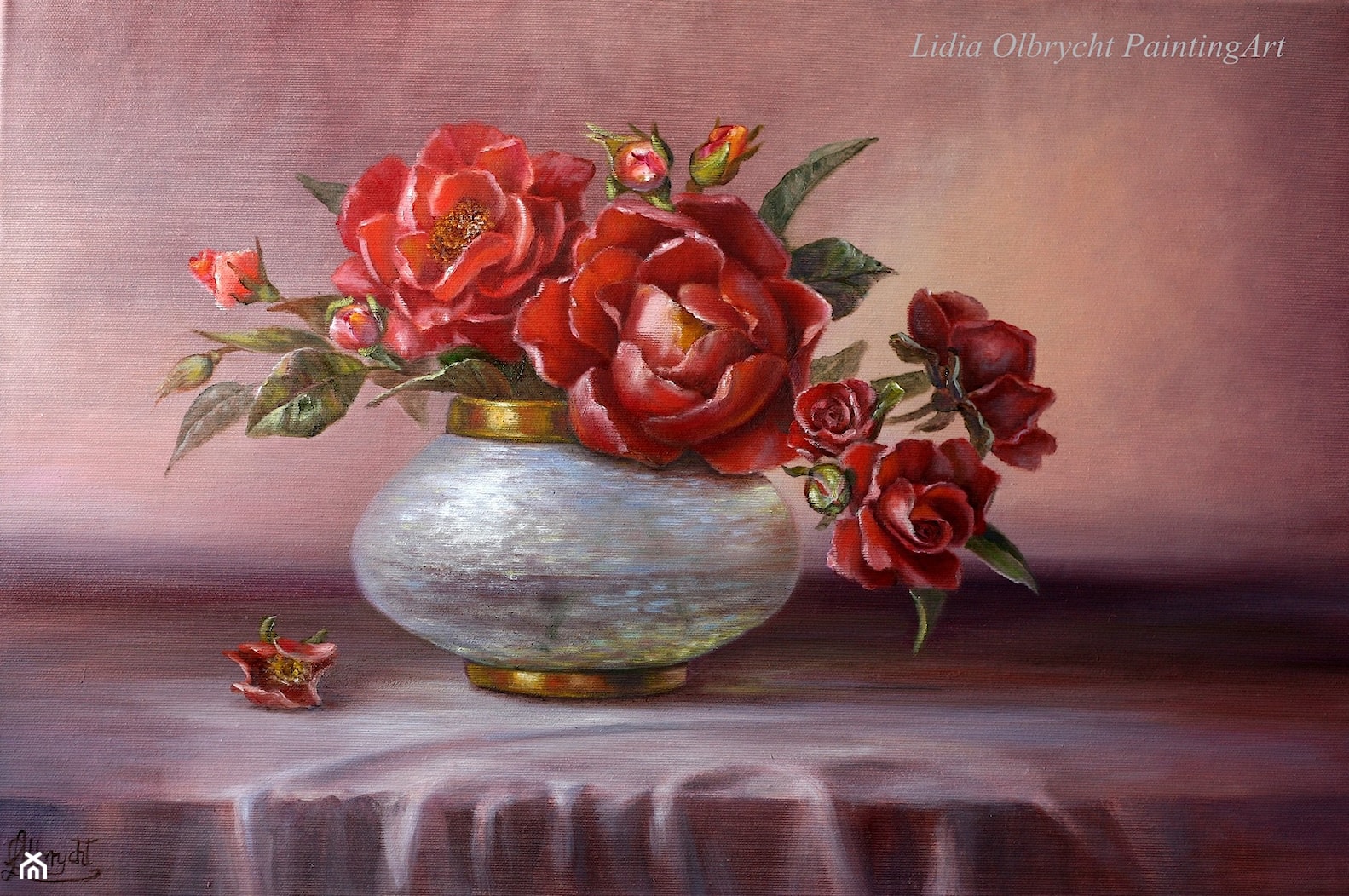 Kwiaty Róże w perłowym wazonie - zdjęcie od Lidia Olbrycht Painting Art - Homebook