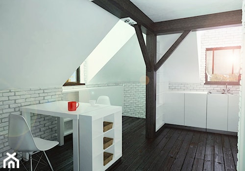 Wołów - Średnia otwarta z salonem biała z zabudowaną lodówką z nablatowym zlewozmywakiem kuchnia w ... - zdjęcie od PPMK