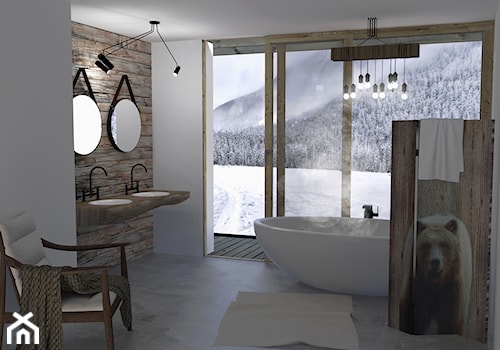 Międzygórze - Duża z lustrem z dwoma umywalkami z punktowym oświetleniem łazienka z oknem, styl rustykalny - zdjęcie od PPMK