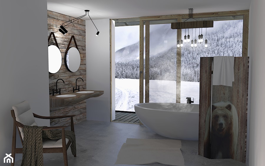 Międzygórze - Duża z lustrem z dwoma umywalkami z punktowym oświetleniem łazienka z oknem, styl rustykalny - zdjęcie od Pracownia Projektowa Małgorzata Kowalkowska