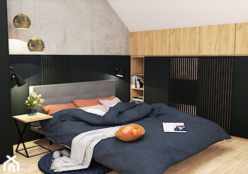 Wilkszyn - Mała czarna szara sypialnia na poddaszu, styl nowoczesny - zdjęcie od Pracownia Projektowa Małgorzata Kowalkowska