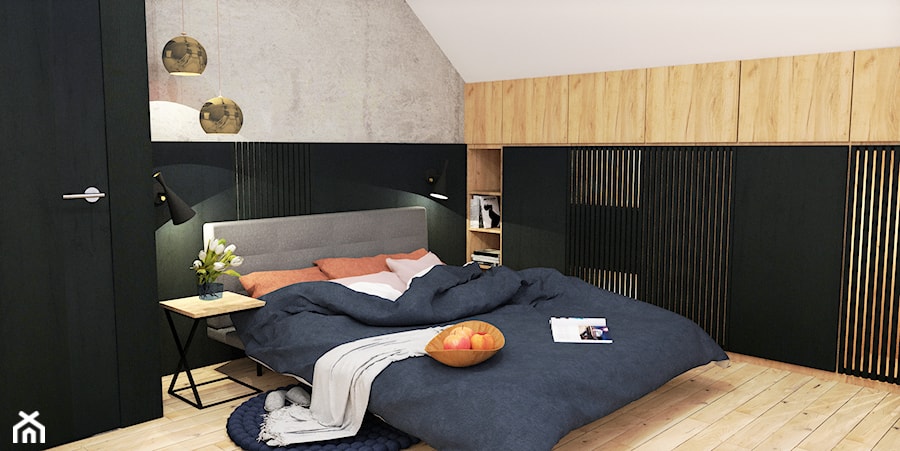 Wilkszyn - Mała czarna szara sypialnia na poddaszu, styl nowoczesny - zdjęcie od Pracownia Projektowa Małgorzata Kowalkowska