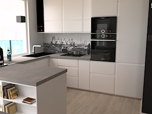 Projekt Gdynia - Mała otwarta z kamiennym blatem biała z zabudowaną lodówką z nablatowym zlewozmywakiem kuchnia w kształcie litery u z oknem, styl nowoczesny - zdjęcie od AB-INVEST