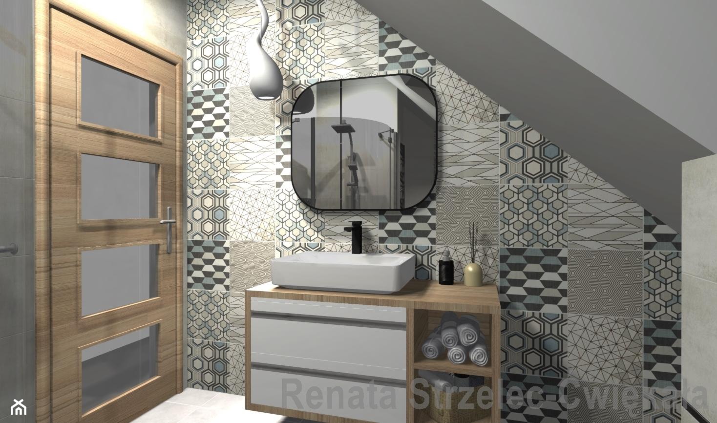 Łazienka na poddaszu z mozaiką - zdjęcie od Renata Strzelec - Ćwiękała - Homebook