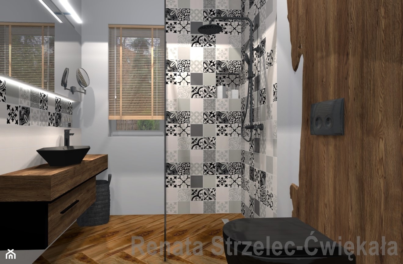 Łazienka z dodatkiem drewna i czarną ceramiką. - zdjęcie od Renata Strzelec - Ćwiękała - Homebook