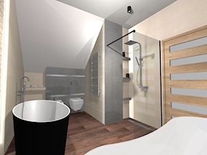 Łazienka na poddaszu - Duża na poddaszu bez okna z lustrem z dwoma umywalkami z punktowym oświetleniem łazienka, styl tradycyjny - zdjęcie od Renata Strzelec - Ćwiękała