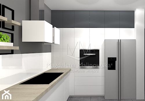 Apartament Dąbrowa Górnicza - Średnia otwarta biała czarna z zabudowaną lodówką kuchnia w kształcie litery l z oknem, styl nowoczesny - zdjęcie od Magdalena Malinowska Projektowanie Wnętrz