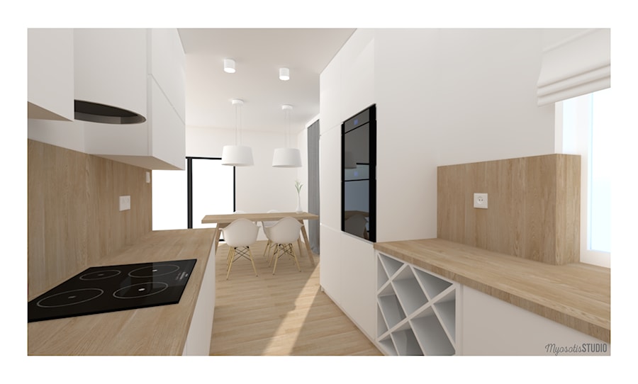 Dom jednorodzinny Kętrzyn - Średnia otwarta biała z zabudowaną lodówką kuchnia dwurzędowa z oknem, styl nowoczesny - zdjęcie od Myosotis Studio