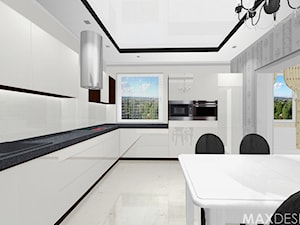 Jasne Kuchnie - Mix Projektów - Duża zamknięta z kamiennym blatem biała szara z zabudowaną lodówką z nablatowym zlewozmywakiem kuchnia w kształcie litery l z oknem, styl glamour - zdjęcie od MaxDesigner