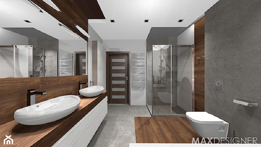 Salon kąpielowy - Nowoczesny minimalizm. - Duża bez okna z dwoma umywalkami z punktowym oświetleniem łazienka, styl minimalistyczny - zdjęcie od MaxDesigner