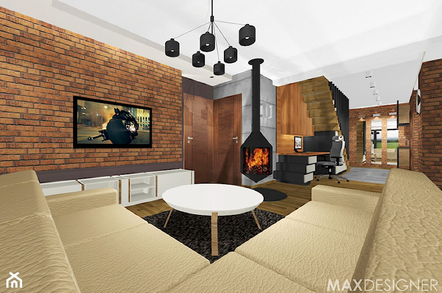Salon z elementami cegły - mix projektów. - Salon, styl nowoczesny - zdjęcie od MaxDesigner