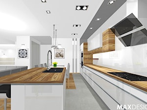 Jasne Kuchnie - Mix Projektów - Duża otwarta z salonem biała z zabudowaną lodówką z nablatowym zlewozmywakiem kuchnia jednorzędowa z wyspą lub półwyspem, styl nowoczesny - zdjęcie od MaxDesigner