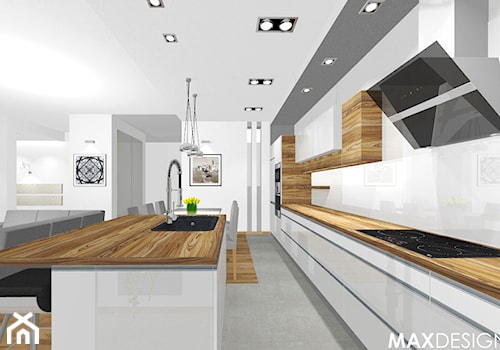 Jasne Kuchnie - Mix Projektów - Duża otwarta z salonem biała z zabudowaną lodówką z nablatowym zlewozmywakiem kuchnia jednorzędowa z wyspą lub półwyspem, styl nowoczesny - zdjęcie od MaxDesigner