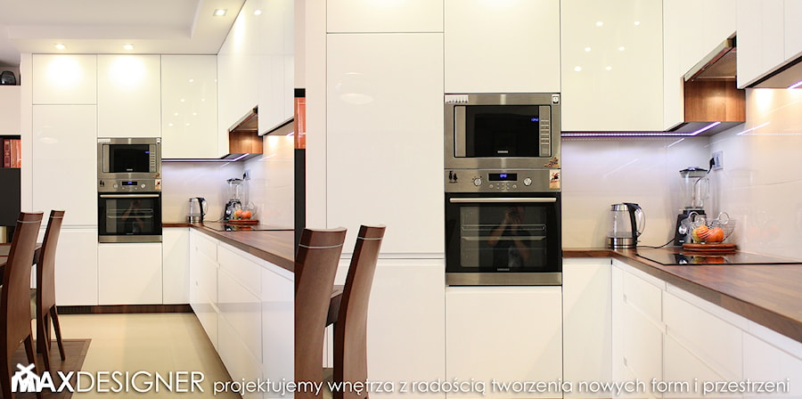 Mieszkanie na Os. Złocień - Duża otwarta biała z zabudowaną lodówką z lodówką wolnostojącą kuchnia w kształcie litery l, styl nowoczesny - zdjęcie od MaxDesigner