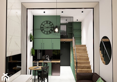 2 W 1 - Mała otwarta z salonem biała z zabudowaną lodówką z nablatowym zlewozmywakiem kuchnia jednorzędowa z oknem, styl nowoczesny - zdjęcie od MyBigBox Architekci