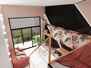 MINI KĄT - Mały biały czarny różowy salon z tarasem / balkonem z antresolą, styl nowoczesny - zdjęcie od MyBigBox Architekci