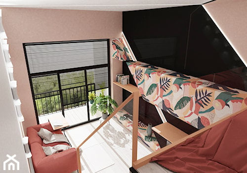MINI KĄT - Mały biały czarny różowy salon z tarasem / balkonem z antresolą, styl nowoczesny - zdjęcie od MyBigBox Architekci