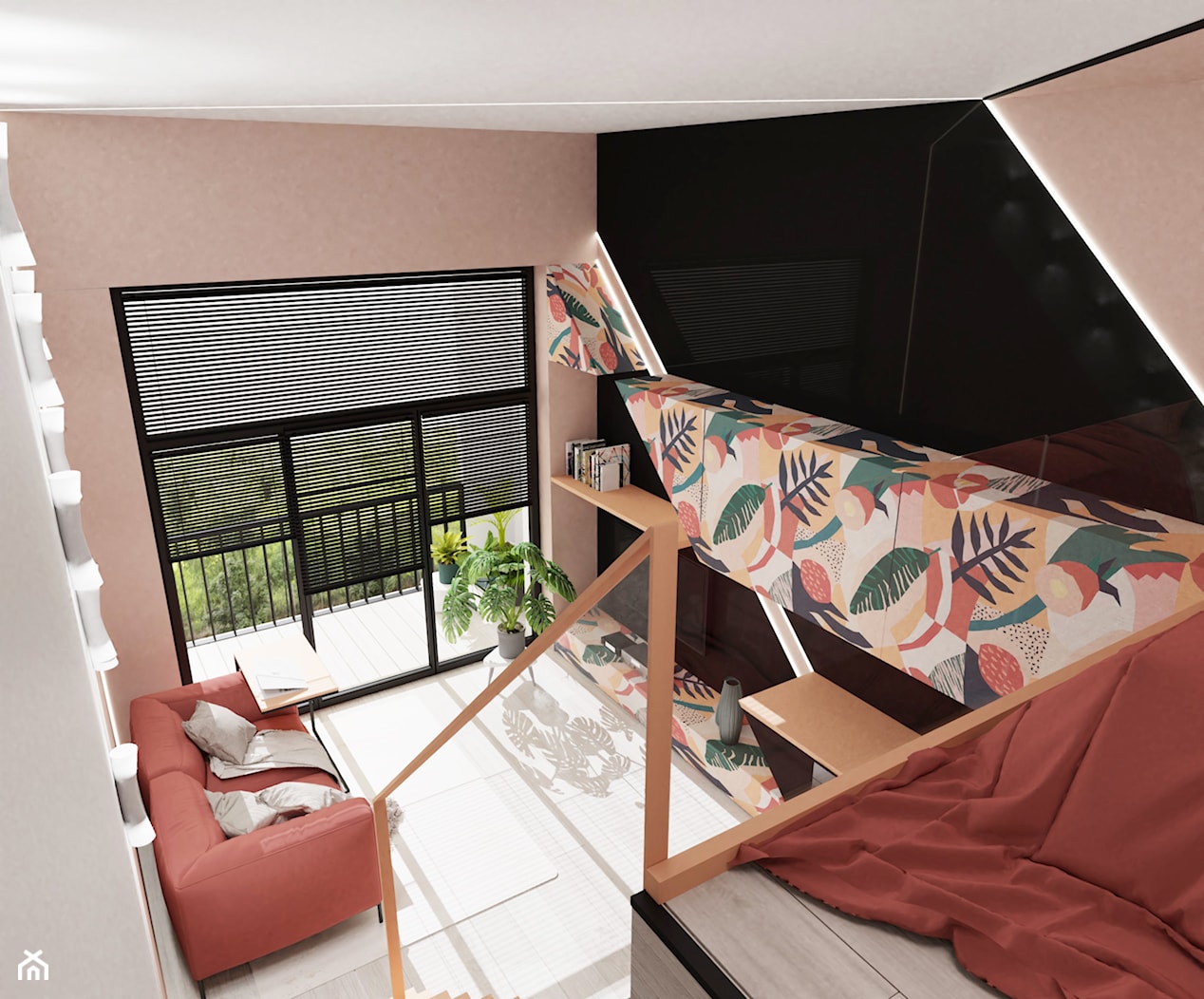 MINI KĄT - Mały biały czarny różowy salon z tarasem / balkonem z antresolą, styl nowoczesny - zdjęcie od MyBigBox Architekci - Homebook
