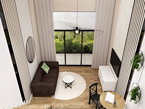 2 W 1 - Mały beżowy biały salon z jadalnią z antresolą, styl nowoczesny - zdjęcie od MyBigBox Architekci