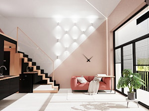 MINI KĄT - Średni biały różowy salon z kuchnią z antresolą, styl nowoczesny - zdjęcie od MyBigBox Architekci
