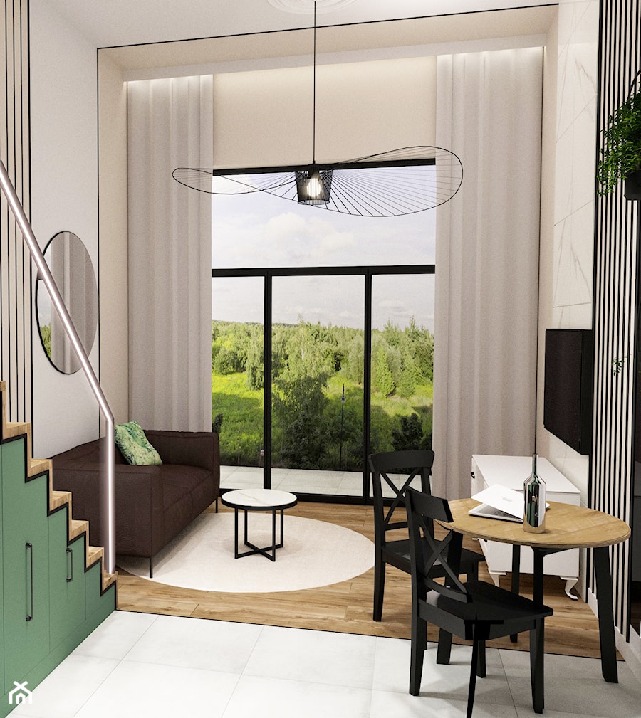 2 W 1 - Mały beżowy biały salon z jadalnią z tarasem / balkonem, styl nowoczesny - zdjęcie od MyBigBox Architekci