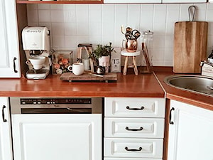 Moje mieszkanie - Mała zamknięta biała z zabudowaną lodówką z lodówką wolnostojącą z nablatowym zlewozmywakiem kuchnia w kształcie litery l, styl tradycyjny - zdjęcie od nieoptymistka