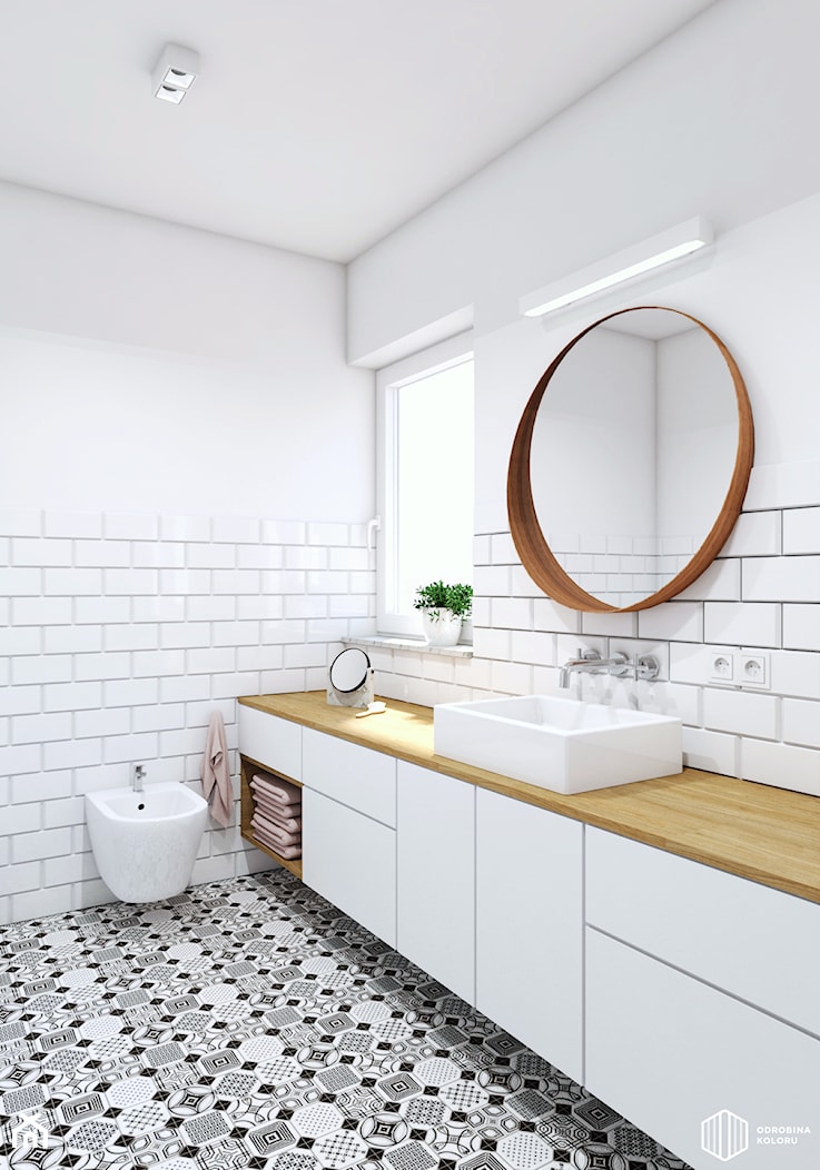 Czarno biała łazienka z odrobiną drewna - zdjęcie od ODROBINA KOLORU - Homebook
