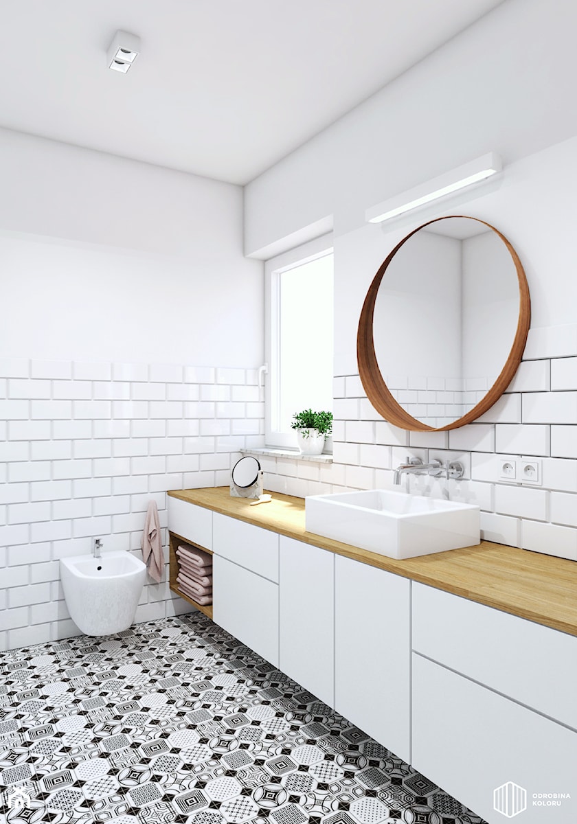 Czarno biała łazienka z odrobiną drewna - zdjęcie od ODROBINA KOLORU