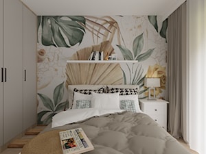 Beżowa sypialnia z jesienną tapetą - zdjęcie od Fancy Design Warsaw