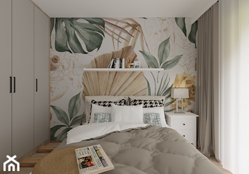 Beżowa sypialnia z jesienną tapetą - zdjęcie od Fancy Design Warsaw